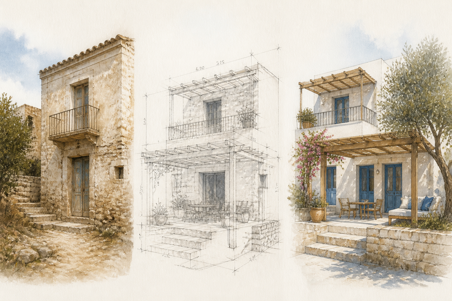 Before, architectural idea and after renovation of a Mediterranean house