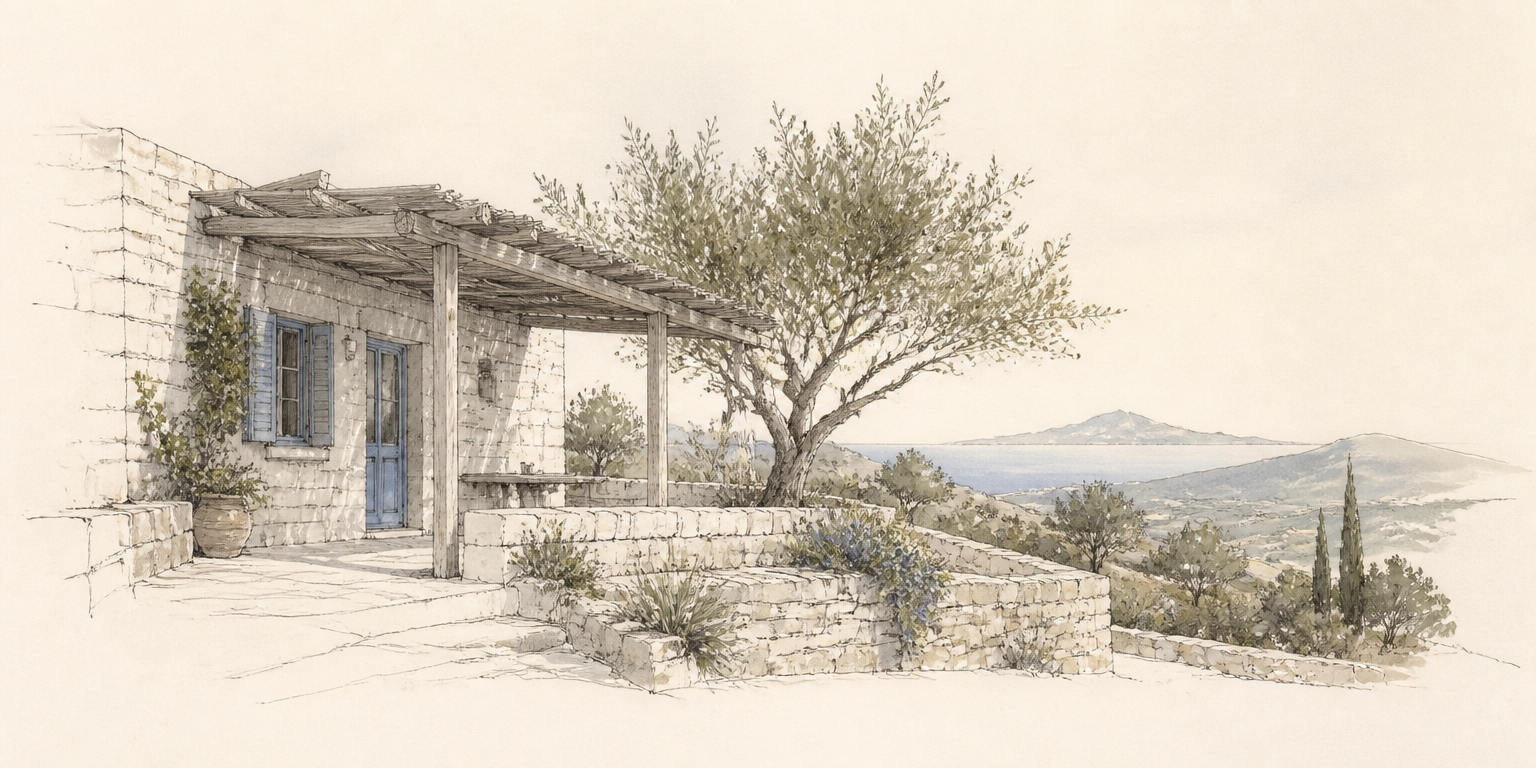 Greek stone house with pergola and olive tree