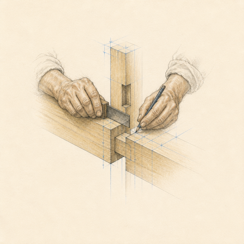 Hands marking a precise timber joint