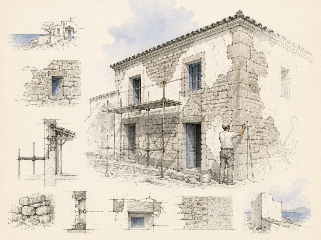 Traditional Greek house renovation sketch