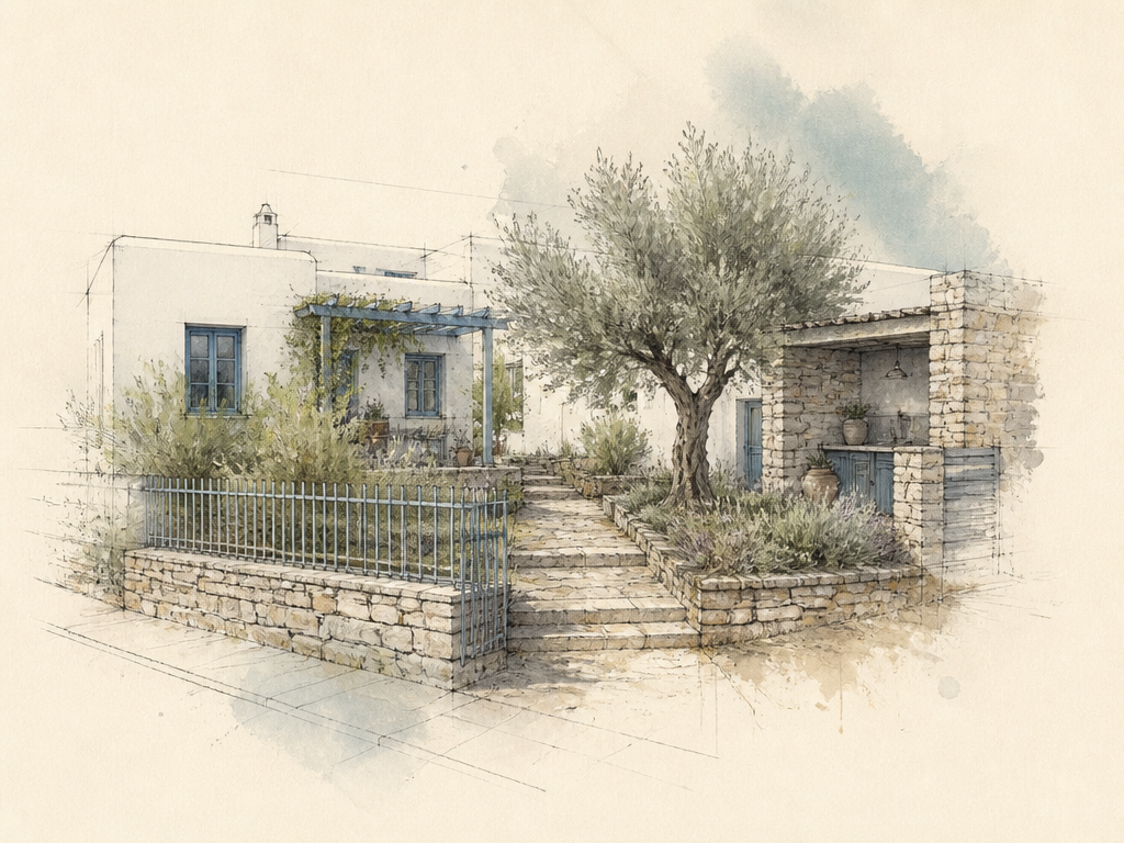 Mediterranean property and fence sketch